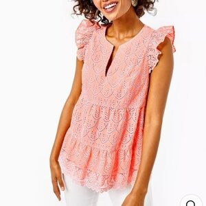 NWT LILLY PULITZER- Keila Top Peach Hyacinth Floral Arch Eyelet Size 16